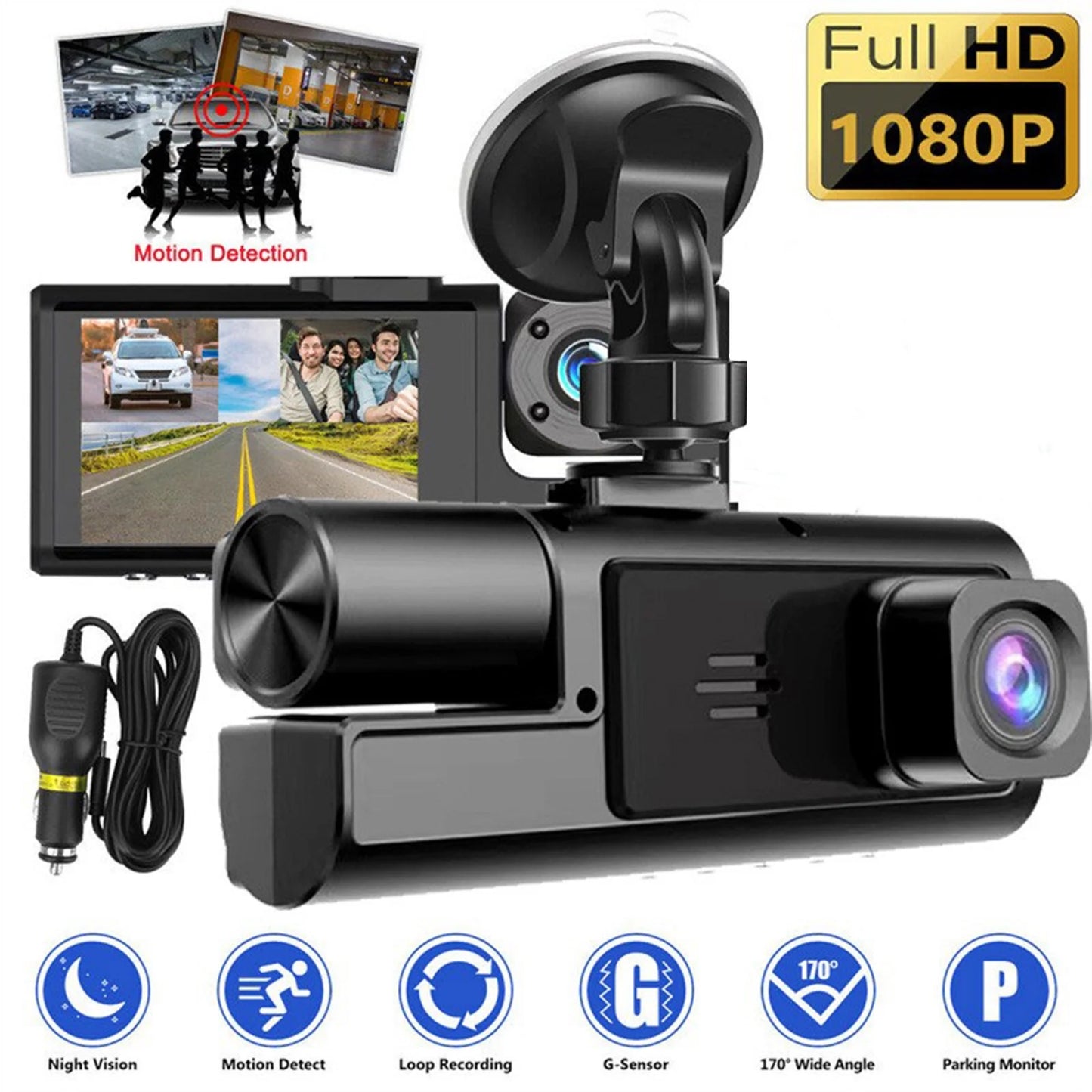 Dash Cam Front and Rear, 1080P FHD DVR Car Driving Recorder 2.0Inch IPS Screen Dashboard Camera 170°Wide Angle, G-Sensor,Parking Monitor,Loop Recording