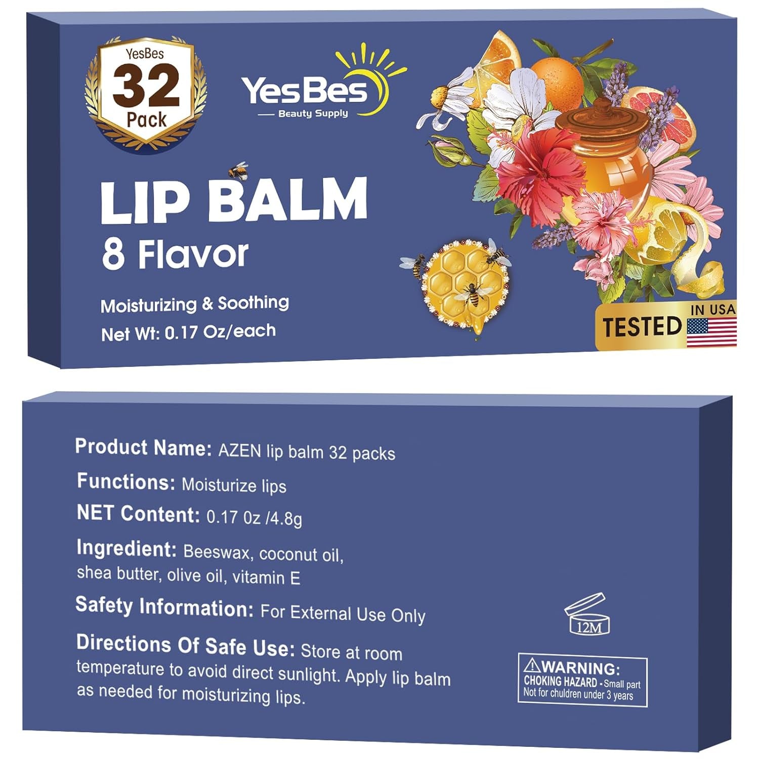 32 Pack Lip Balm, Natural Lip Balm Bulk with Vitamin E and Coconut Oil, Moisturizing Lip Balms for Dry Cracked Lips, Lip Balms for Valentines Gifts Stocking Stuffers - 8 Flavors