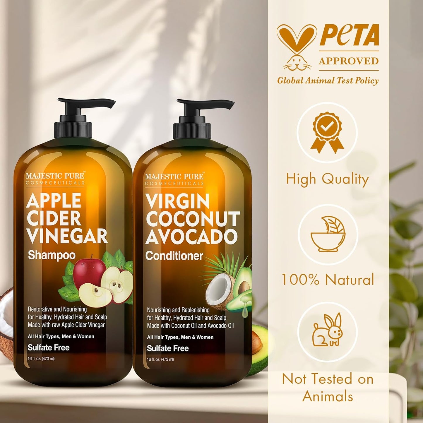 Apple Cider Vinegar Shampoo and Avocado Coconut Conditioner Set - Restores Shine & Reduces Itchy Scalp, Dandruff & Frizz - Sulfate Free, for All Hair Types, Men and Women - 2 X 16 Fl Oz