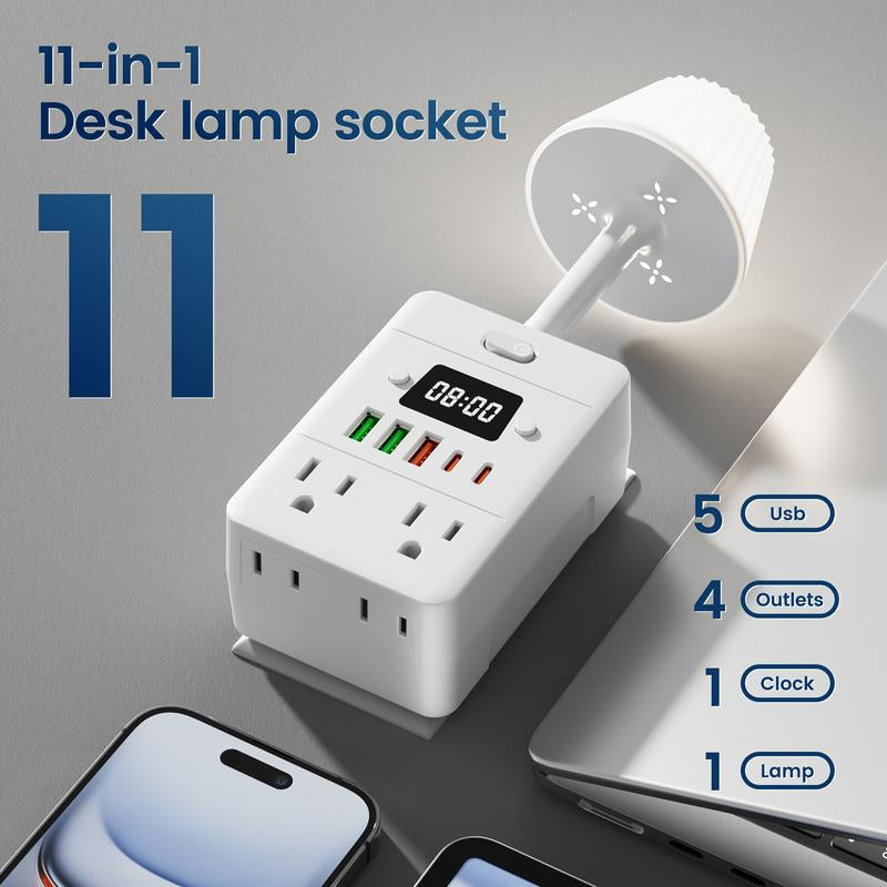 11-In-1 Multifunctional Power Strip with Desk Lamp & Digital Clock, Travel-Friendly Wall Outlet Extender with 4 AC Outlets, 3 USB & 2 USB-C Ports, One-Touch Switch, Overload Protection – Bedside Power Socket for Home, Dorm, Office