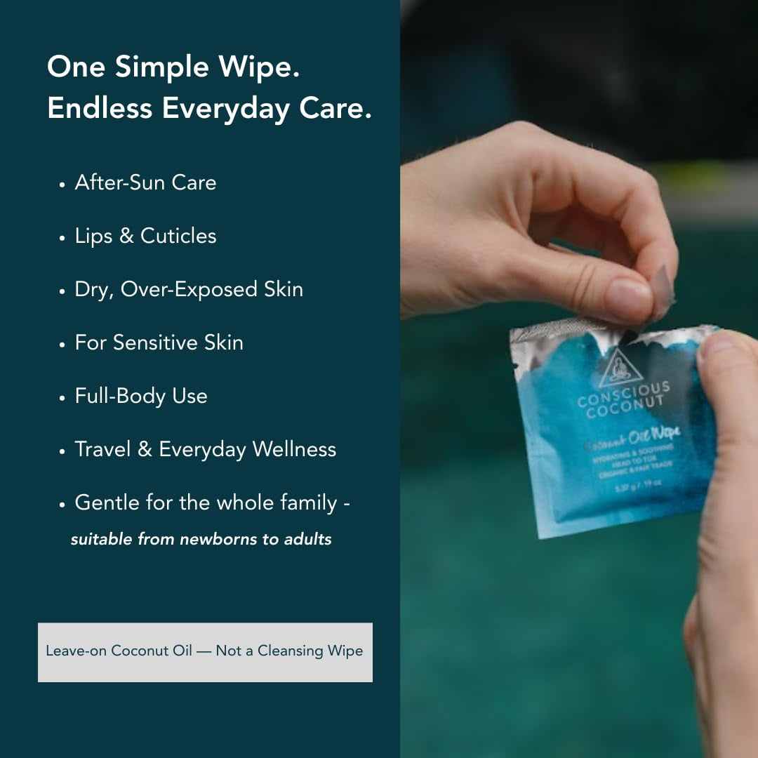 Individual Coconut Oil Wipes - for Face and Body - Soothing, Moisturizing, Sunburns, Makeup Remover, Cold-Pressed, Virgin Coconut Oil (25 Count)