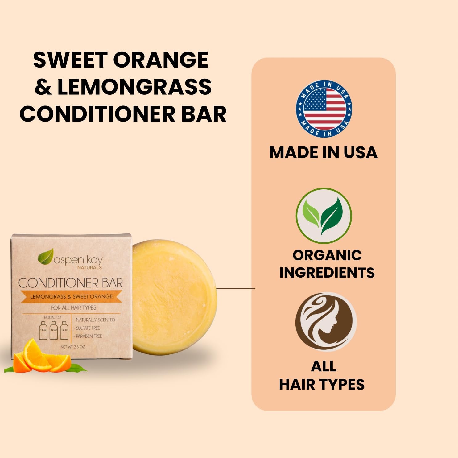 Conditioner Bar, Lemongrass, 2.3 Ounce. Made with Natural & Organic Ingredients, All Hair Types Including Frizzy Hair, Sulfate-Free, Cruelty-Free & Vegan