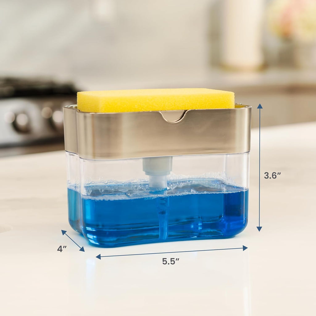 Dish Soap Dispenser and Sponge Holder for Kitchen Sink, Sponge Included, 13 Ounces, Metallic Silver