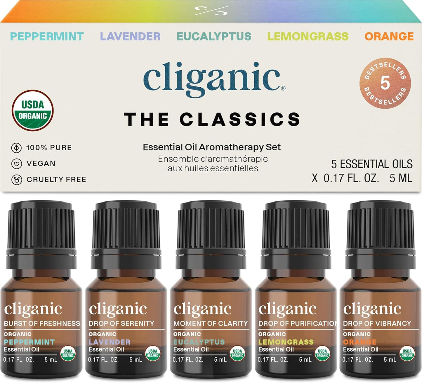 Cliganic Organic Essential Oils Set (Top 5) - 100% Pure Natural - Aromatherapy,