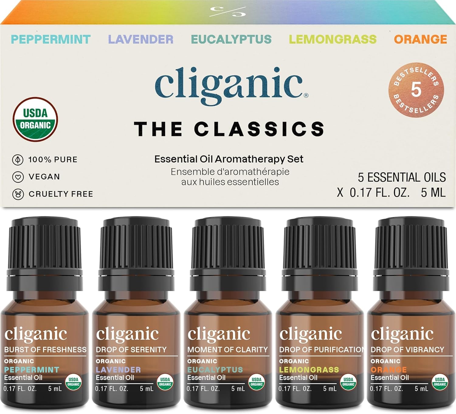 Cliganic Organic Essential Oils Set (Top 5) - 100% Pure Natural - Aromatherapy,